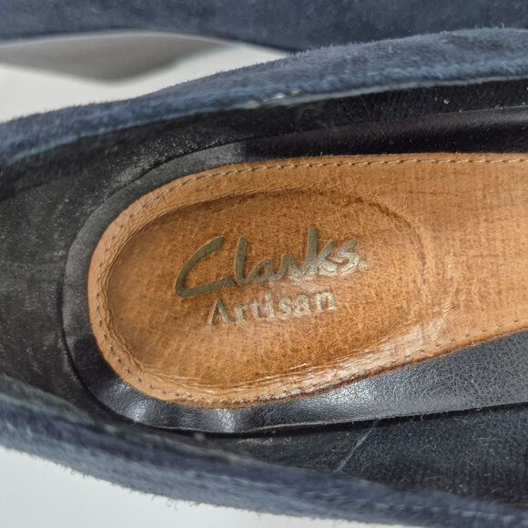 Clarks Artisan Flores Tulip Blue Suede Leather 3" Wedge Pumps Heels Woman's 10M. - Picture 2 of 10